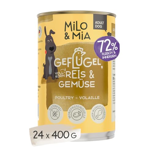 Milo & Mia - Adult Nassfutter für Hunde, getreidefreie Tierarztrezeptur in Lebensmittelqualität, durch Monoprotein sehr sanft zu Magen & Darm, natürliche Zutaten: Geflügel, Reis & Gemüse (24x400g) von Milo & Mia