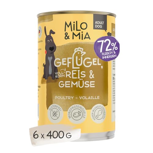 Milo & Mia - Schonkost für Hunde Nassfutter, magenschonendes Hundefutter für Hunde mit Magen-Darm-Problemen, weizenfreies Monoprotein Nassfutter aus frischen Zutaten: Geflügel, Reis & Gemüse (6x400g) von Milo & Mia