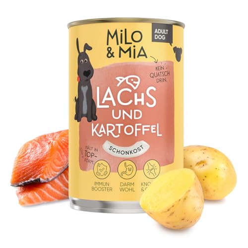 Milo & Mia - Schonkost für Hunde Nassfutter, magenschonendes Hundefutter für Hunde mit Magen-Darm-Problemen, weizenfreies Monoprotein Nassfutter mit frischen Zutaten: Lachs & Kartoffel (6x400g) von Milo & Mia