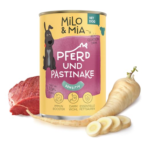 Milo & Mia - Nassfutter für Hunde Sensitiv, magenschonendes Hundefutter für Hunde mit Magen-Darm-Erkrankungen, weizenfreies Monoprotein Nassfutter aus natürlichen Zutaten: Pferd & Pastinake (6x400g) von Milo & Mia