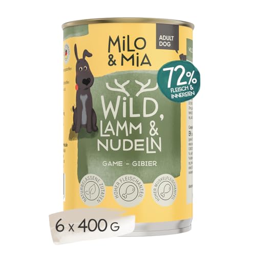 Milo & Mia - Adult Nassfutter für Hunde, ausgewogene Tierarztrezeptur in Lebensmittelqualität, durch hochwertige Proteine sehr sanft zu Magen & Darm, natürliche Zutaten: Wild, Lamm & Nudeln (6x400g) von Milo & Mia