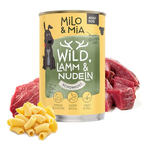 Milo & Mia - Adult Nassfutter für Hunde, ausgewogene Tierarztrezeptur in Lebensmittelqualität, durch hochwertige Proteine sehr sanft zu Magen & Darm, natürliche Zutaten: Wild, Lamm & Nudeln (6x400g) von Milo & Mia