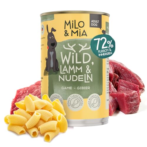 Milo & Mia - Adult Nassfutter für Hunde, ausgewogene Tierarztrezeptur in Lebensmittelqualität, durch hochwertige Proteine sehr sanft zu Magen & Darm, natürliche Zutaten: Wild, Lamm & Nudeln (6x400g) von Milo & Mia