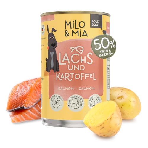 Milo & Mia - Adult Nassfutter für Hunde, getreidefreie Tierarztrezeptur in Lebensmittelqualität, durch Monoprotein besonders schonend für Magen & Darm, natürliche Zutaten: Lachs & Kartoffel (1 x 400g) von Milo & Mia