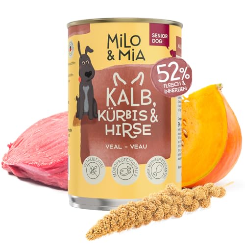 Milo & Mia - Senior Nassfutter für Hunde, getreidefreie Tierarztrezeptur in Lebensmittelqualität, Monoprotein, sehr fettarm & ideal bei Übergewicht, natürliche Zutaten: Kalb, Kürbis & Hirse (1 x 400g) von Milo & Mia