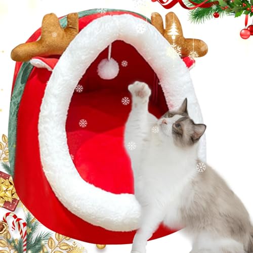 Cat Beds for Indoor Cats | Christmas Themed Semi Enclosed Cat Cave Bed | Washable Anti Slip Comfortable Cat Couch for Indoor Cats and Small Dogs, Supplies for Holiday Season von Mimoqk