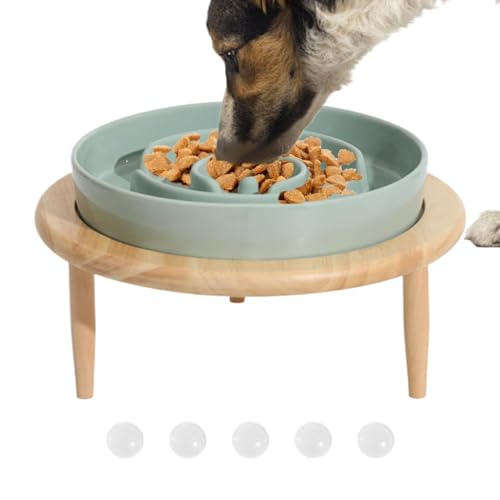 Keramik-Futternapf für Hunde | Langsamer Fressnapf für Hunde | Slow-Feeder-Schüssel | Rutschfester Fressnapf für Hunde, Futternapf mit erhöhtem Holzboden, Slow-Feed-Design für Hunde und Welpen, spülma von Mimoqk