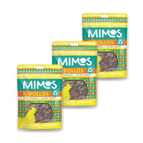 Mimos Hühnchenherzen für Hunde - 60% Hühnchenherz & 40% Hühnchenlunge, 3X 100 g - Einzelfuttermittel, schonend getrocknet, naturbelassen, gesunder Kausnack für kleine & große Hunde von Mimos