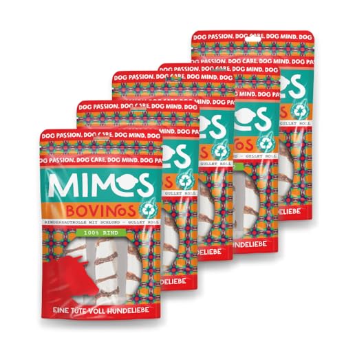 Mimos Rinderhautrolle mit Schlund für Hunde 5X 2 Stück - Ergänzungsfutter, 90% Rinderhaut & 10% Rinderschlund, 5X 200 g (20 cm) - Zahnpflege & Kaumuskulatur, langanhaltende Beschäftigung von Mimos