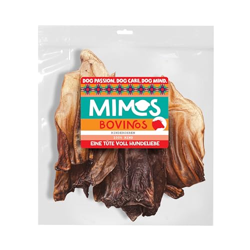 Mimos Rinderohren für Hunde - 100% Einzelprotein, fettarm & geruchsarm, 200 g - Gesundes Kauvergnügen, Zahnpflege & Kaumuskulatur stärken - Hypoallergen, langanhaltender Kauartikel von Mimos