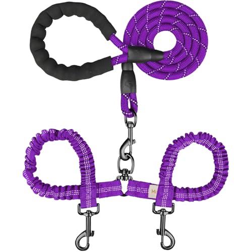 MingXpets Doppel-Hundeleine, Dual-Hundeleine, 360° drehbar, verhedderungsfrei, Bungee-Walking-Trainingsleine für große und mittelgroße Hunde, stoßdämpfende, reflektierende Bungee-Leine für zwei Hunde, von MingXpets