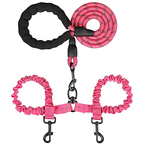 MingXpets Hundeleine, doppelte Hundeleine, um 360 Grad drehbar, kein Verheddern, kein Bungee-Spazierengehen, Trainingsleine für große, mittelgroße Hunde, langlebig, Bungee für zwei Hunde, Rosa von MingXpets