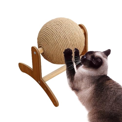 Mingchengheng Sisal Kratzball Für Katzen | Drehbarer Katzenkratzspielzeug | Interaktives Katzenspielzeug,Katzen Klettergerüst Kratzbrett Kratzkugel Interaktives Spielzeug Mit Holzständer,22cm von Mingchengheng