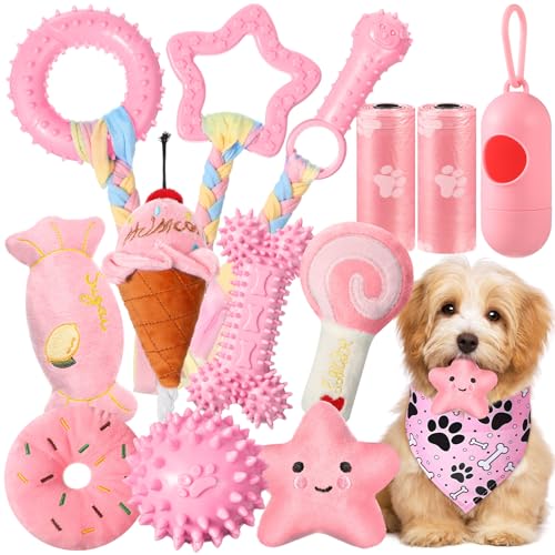 MiniInflat 14 Stück Welpenspielzeug zum Zahnen, Kauspielzeug für Welpen, kleine Hunde, rosa Spielzeug-Set, niedliche weiche Gummibälle für kleine Rassen, Reinigung der Zähne, interaktives von MiniInflat