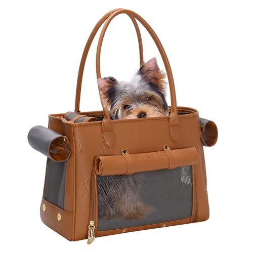 Modische Haustier-Tragetasche für kleine Katzen und Hunde, luxuriöse PU-Tragetasche mit weichen Seiten mit großen Taschen für Hunde und Welpen (Braun, 40,1 cm L x 19,1 cm B x 30 cm H) von Minsong