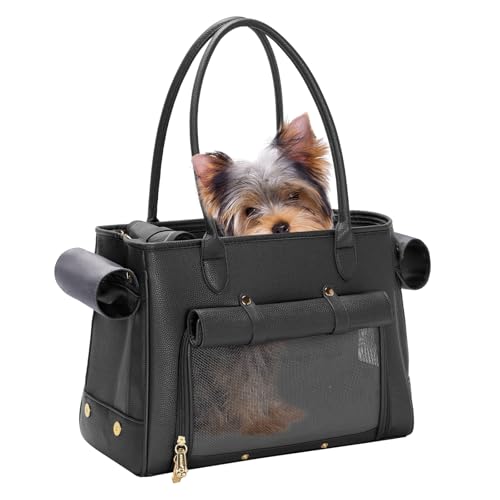 Modische Haustier-Tragetasche für kleine Katzen und Hunde, luxuriöse PU-Tragetasche mit weichen Seiten mit großen Taschen für Hunde und Welpen (Schwarz, 40,1 cm L x 19,1 cm B x 30 cm H) von Minsong