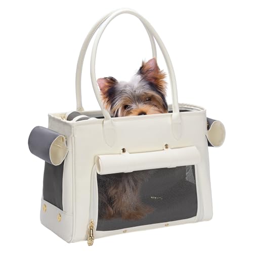 Modische Haustier-Tragetasche für kleine Katzen und Hunde, luxuriöse PU-Tragetasche mit weichen Seiten mit großen Taschen für Hunde und Welpen (Weiß, 40,1 cm L x 19,1 cm B x 30 cm H) von Minsong