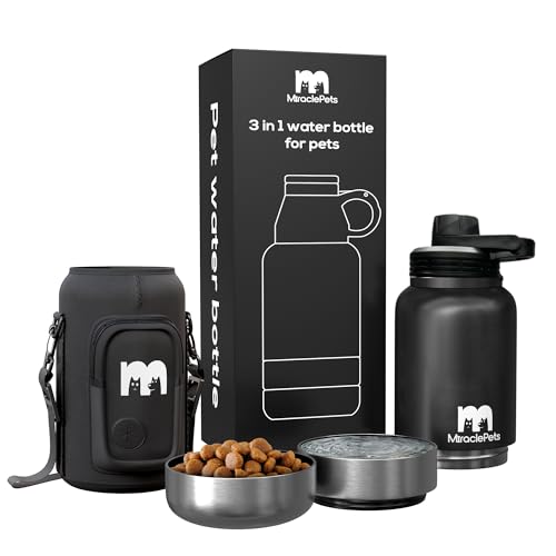 Miracle Pets Trinkflasche Hunde Für Unterwegs, Wasserflasche Futternapf Hund, Bpa-frei Welpen Zubehör Thermoflasche 1 Liter Trinkflasche Hunde Zubehör (Schwarz+ Abdeckung) neue Flaschenkappe von Miracle Pets