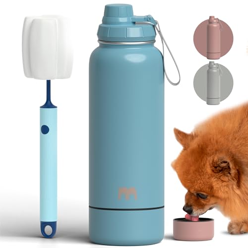 Miracle Pets Tragbare Hunde-Wasserflasche mit befestigtem Napf, 900 ml, isolierte Edelstahl-Wasserflaschen für Sport, Wandern, einfacher Griff, Reisezubehör, tragbarer Hundenapf (Maya-Blau) von Miracle Pets