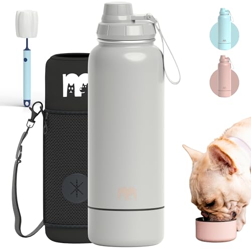 Miracle Pets Tragbare Hunde-Wasserflasche mit befestigtem Napf, 900 ml mit Hülle, Edelstahl-Wasserflaschen, Sport, Wandern, einfacher Griff, Reisezubehör, tragbarer Hundenapf (hellgrau) von Miracle Pets