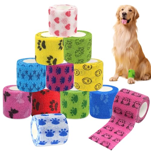 Fixierbinde Selbsthaftend, 12 Stück Selbsthaftende Bandage Hund Vet Wrap Pet Selbstklebender Verband Pet Cohesive Bandages Elastisch Pet Vet Wrap Selbst den Verbände - 12 Farben - Je 5 cm x 4,5 Meter von Mitening