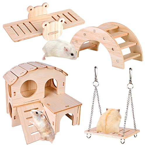 Spielzeug Für Hamster Aus Holz, 4 Stück Hamster Kauspielzeug, DIY Hamster Spielzeug, Hamster Haus Brücke Wippe Schaukel Käfig Dekor Zubehör Für Rennmaus, Meerschweinchen, Chinchilla, Kaninchen, Vögel von Mitening