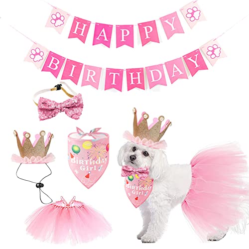 Mitili Hund Geburtstag Party Dekorationen für Haustier Mädchen Rosa Prinzessin Stil, Hund Geburtstag Dreieck Bandana Krone Hut Schal Kragen Bow Happy Birthday Banner für Haustier (5-teilig) von Mitili