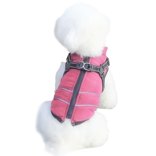 Mitili Warme Hundemantel Wasserdicht mit Geschirr, Reflektierend Hundejacke Winter für Kleine und Mittlere Hunde, Winddichte Hunde Wintermantel, Outdoor Hundeweste mit Fleece Gepolstert (Rosa, L) von Mitili