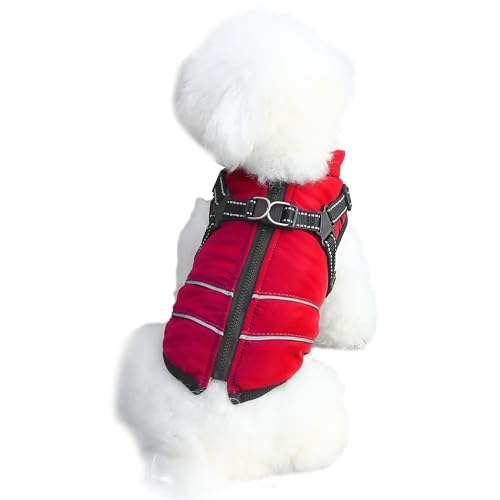 Mitili Warme Hundemantel Wasserdicht mit Geschirr, Reflektierend Hundejacke Winter für Kleine und Mittlere Hunde, Winddichte Hunde Wintermantel, Outdoor Hundeweste mit Fleece Gepolstert (Rot, L) von Mitili