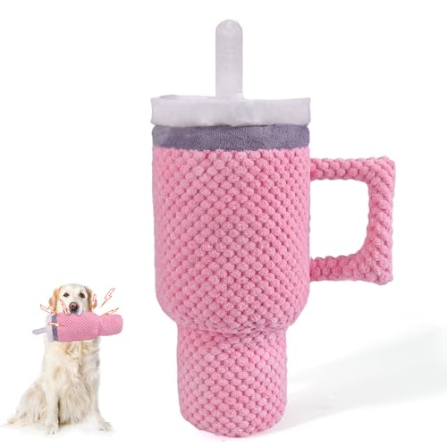 Mity rain Großes lustiges Hundespielzeug mit Tasse, 1,2 l, rosa Hundespielzeug für aggressive Kauer, quietschendes Hundespielzeug, interaktives flauschiges und robustes Hundespielzeug für große, von Mity rain