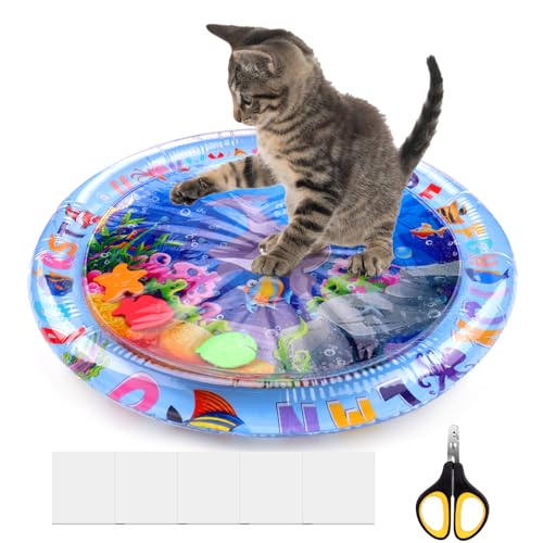Mity rain Verdickte Wassersensorische Spielmatte für Katzen, Wasserspielmatte, Spielzeug für gelangweilte Indoor-Katzen, kommt mit Clipper und 5 Flicken, eine Vielzahl von Meereselementen (abgerundet) von Mity rain
