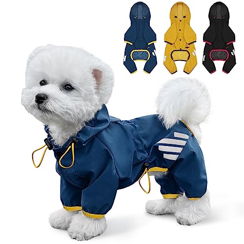 Hunde-Regenmantel, wasserdichte Hunde-Regenjacke mit Kapuze, Hunderegenmantel mit Loch für die Leine, reflektierender Riemen für kleine, mittelgroße Hunde, leichte Welpenkleidung (Blau, S) von Miucat