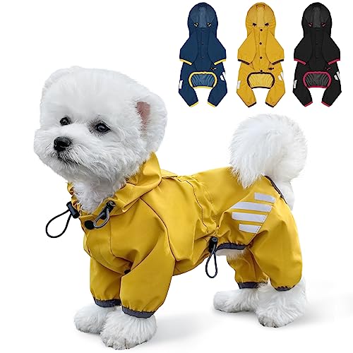 Hunde-Regenmantel, wasserdichte Hunde-Regenjacke mit Kapuze, Hunderegenmantel mit Loch für die Leine, reflektierender Riemen für kleine, mittelgroße Hunde, leichte Welpenkleidung (Gelb, XS) von Miucat