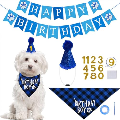 Geburtstagsset Hunde Geburtstagsparty Zubehör Für Hunde Enthält Bandana Schal Hund Geburtstag Hut Geburtstag Banner Und Zahl Haustier Geburtstagsset Für Kleine Und Mittel große Hunde (Blau) von MiuxE