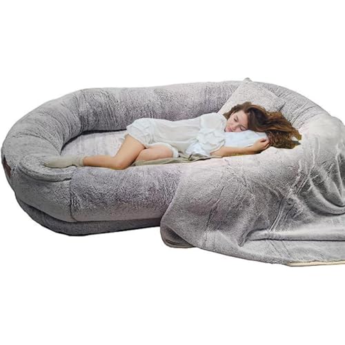 Mixtric Extra Großes Hundebett Für Menschen, Bequemes, Weiches, Flauschiges Sitzsack Bett, Mit Wasserdichtem, Waschbarem Kunstfell, Für Riesige Hunde Und Ausgewachsene Hunde,Light grey,180*120*30cm von Mixtric