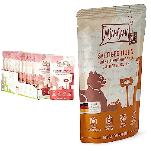 MjAMjAM 1111312 - purer Fleischgenuss - zartes Känguru pur 12er Pack (12 x 125 g) & - Premium Nassfutter für Katzen - Quetschie - saftiges Hühnchen pur, 12er Pack (12 x 125 g) von MjAMjAM