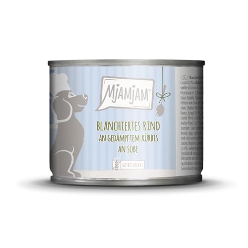 MjAMjAM - Premium Nassfutter für Hunde - blanchiertes Rind an gedämpftem Kürbis an Soße, 1er Pack (1 x 185g), naturbelassen mit extra viel Fleisch von MjAMjAM