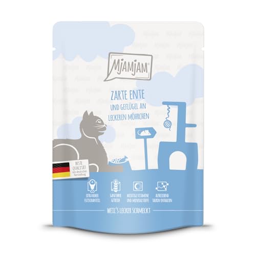 MjAMjAM - Premium Katzenfeuchtfutter - Quetschie - zarte Huhn Ente mit köstlicher Karotte, 1 Packung (1 x 300g), Getreidefrei mit extra Fleisch von MjAMjAM