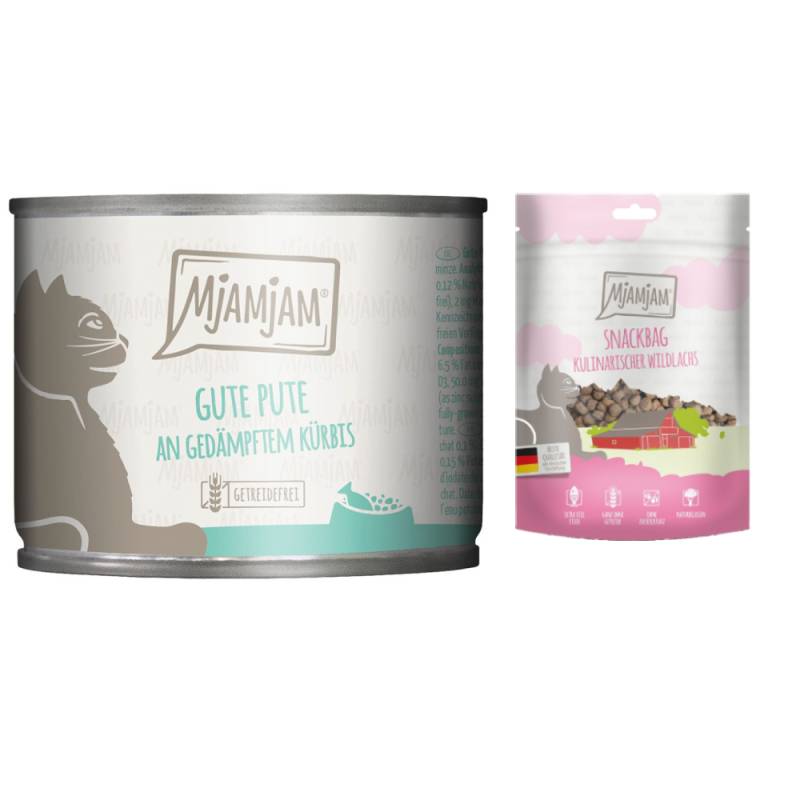 MjAMjAM Kombi-Paket: 12 x 200 g Nassfutter + 3 x 125 g Snackbag kulinarischer Wildlachs - gute Pute an gedämpftem Kürbis 12 x 200 g + Snackbag kulinarischer Wildlachs 3 x 125 g von MjAMjAM