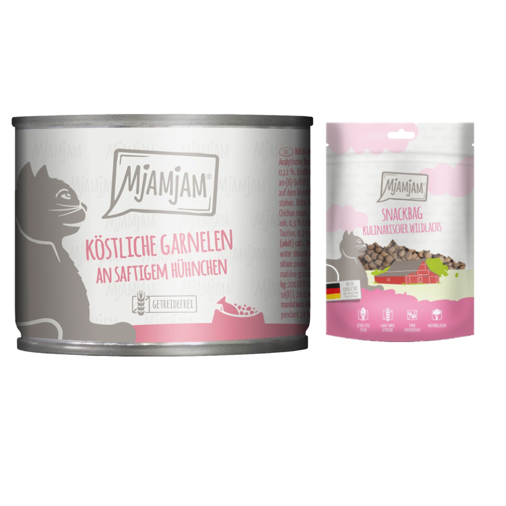 MjAMjAM Kombi-Paket: 12 x 200 g Nassfutter + 3 x 125 g Snackbag kulinarischer Wildlachs - köstliche Garnelen an saftigem Hühnchen 12 x 200 g + Snackbag kulinarischer Wildlachs 3 x 125 g von MjAMjAM