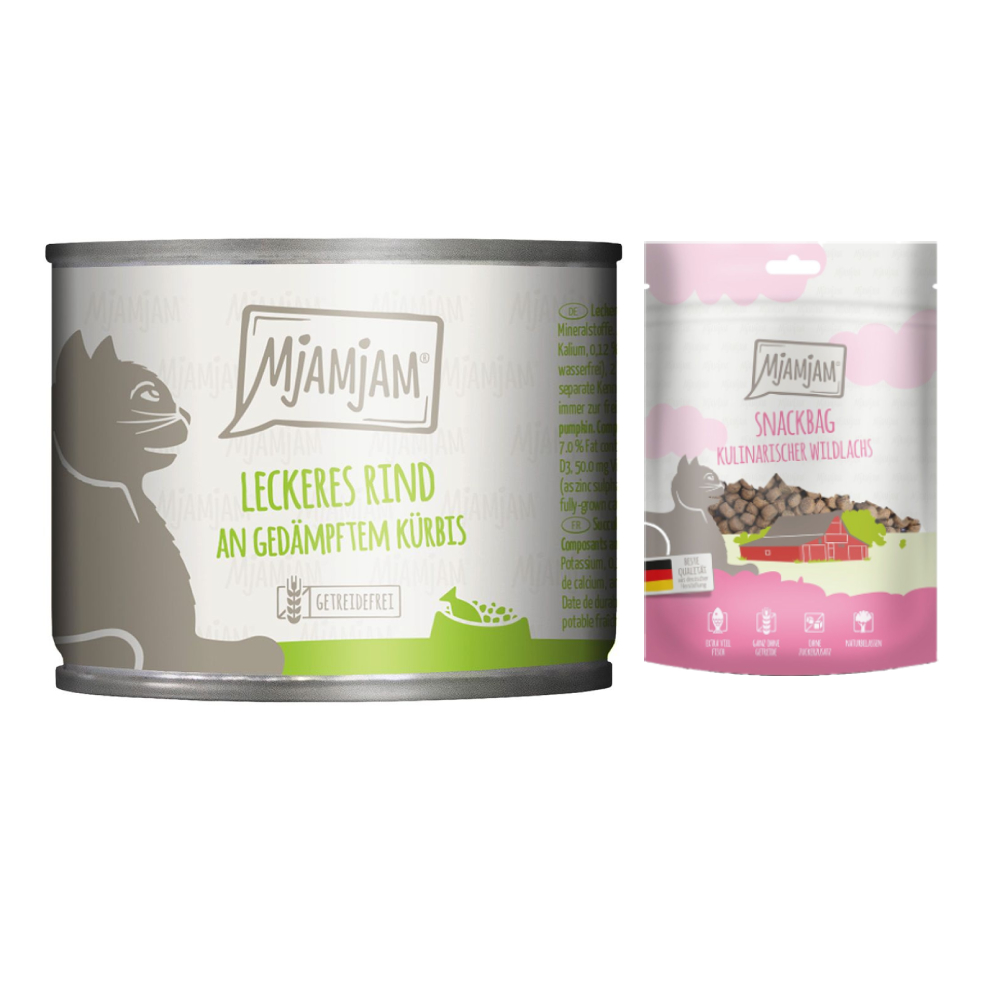 MjAMjAM Kombi-Paket: 12 x 200 g Nassfutter + 3 x 125 g Snackbag kulinarischer Wildlachs - leckeres Rind an gedämpftem Kürbis 12 x 200 g + Snackbag kulinarischer Wildlachs 3 x 125 g von MjAMjAM