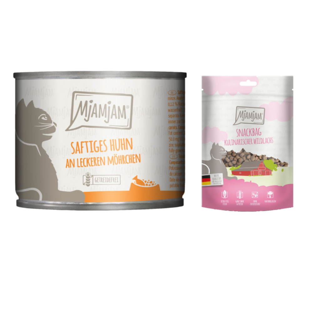 MjAMjAM Kombi-Paket: 12 x 200 g Nassfutter + 3 x 125 g Snackbag kulinarischer Wildlachs - saftiges Huhn an leckeren Möhrchen 12 x 200 g + Snackbag kulinarischer Wildlachs 3 x 125 g von MjAMjAM