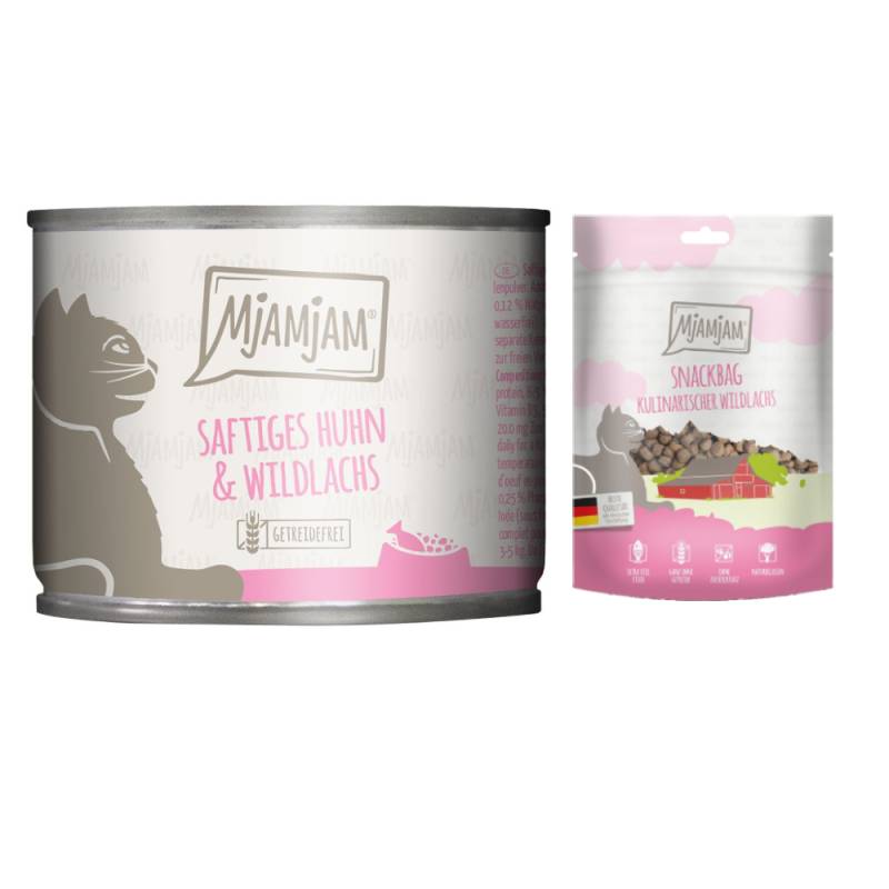 MjAMjAM Kombi-Paket: 12 x 200 g Nassfutter + 3 x 125 g Snackbag kulinarischer Wildlachs - saftiges Huhn und Wildlachs 12 x 200 g + Snackbag kulinarischer Wildlachs 3 x 125 g von MjAMjAM