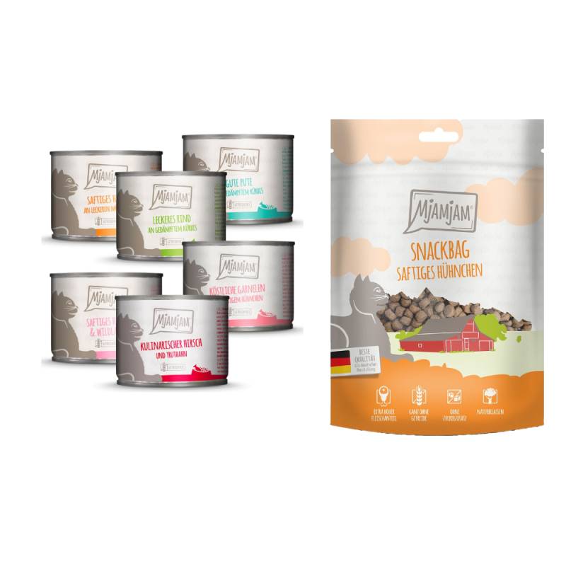 MjAMjAM Kombi-Paket: 12 x 200 g Nassfutter + 3 x 125 g Snackbag saftiges Hühnchen - Mixpaket (6 Sorten) 12 x 200 g + Snackbag saftiges Hühnchen 3 x 125 g von MjAMjAM