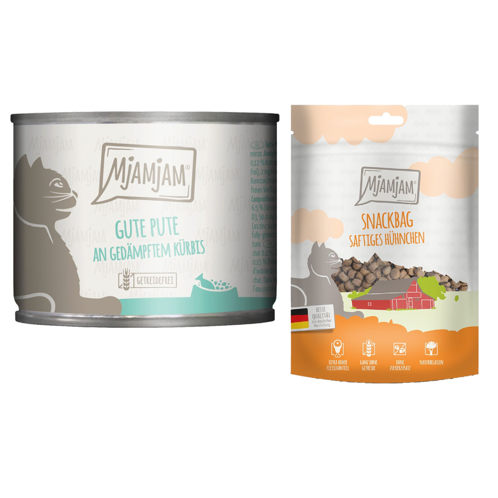 MjAMjAM Kombi-Paket: 12 x 200 g Nassfutter + 3 x 125 g Snackbag saftiges Hühnchen - gute Pute an gedämpftem Kürbis 12 x 200 g + Snackbag saftiges Hühnchen 3 x 125 g von MjAMjAM