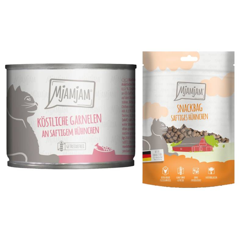 MjAMjAM Kombi-Paket: 12 x 200 g Nassfutter + 3 x 125 g Snackbag saftiges Hühnchen - köstliche Garnelen an saftigem Hühnchen 12 x 200 g + Snackbag saftiges Hühnchen 3 x 125 g von MjAMjAM