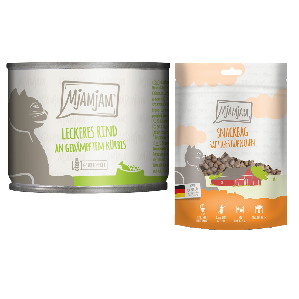 MjAMjAM Kombi-Paket: 12 x 200 g Nassfutter + 3 x 125 g Snackbag saftiges Hühnchen - leckeres Rind an gedämpftem Kürbis 12 x 200 g + Snackbag saftiges Hühnchen 3 x 125 g von MjAMjAM