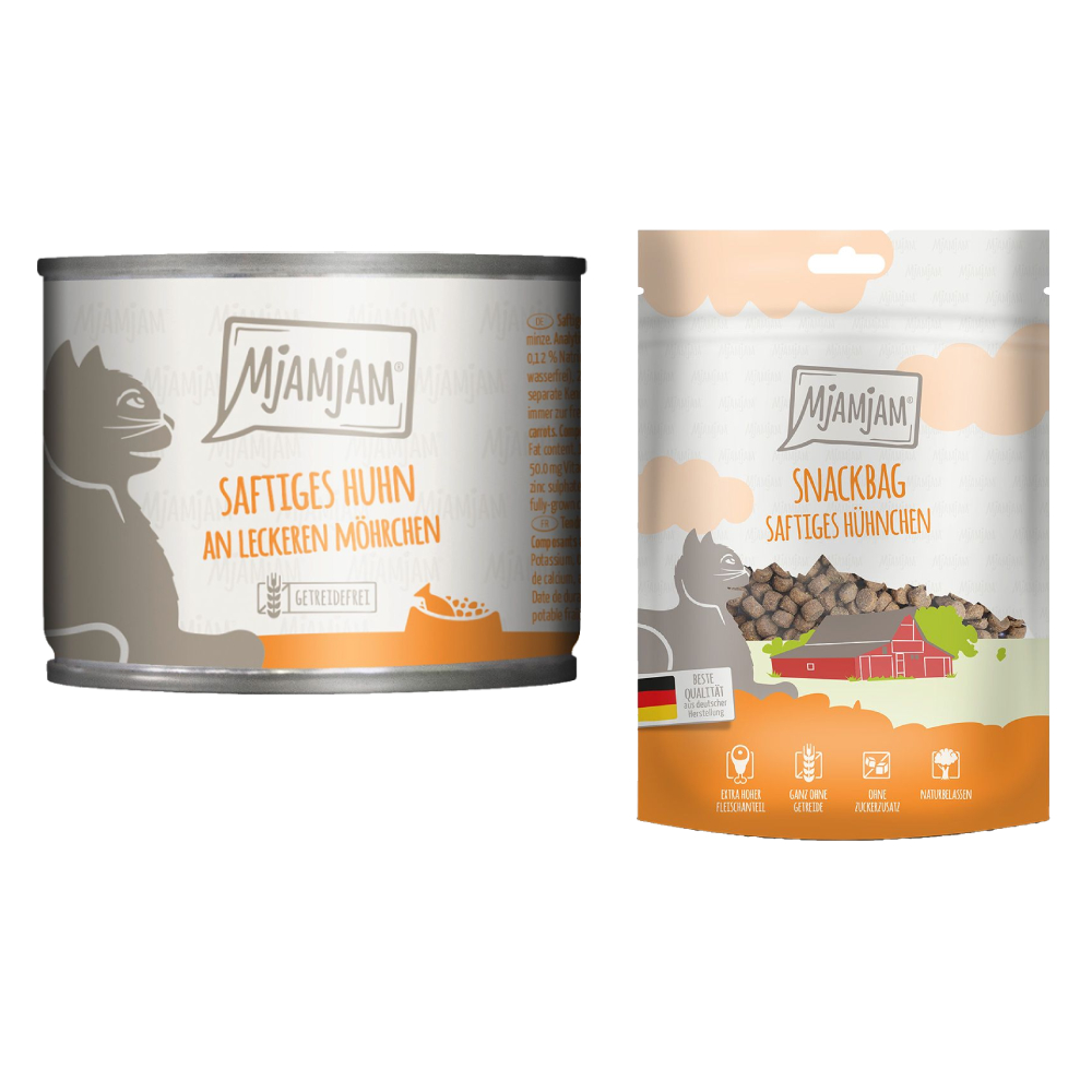 MjAMjAM Kombi-Paket: 12 x 200 g Nassfutter + 3 x 125 g Snackbag saftiges Hühnchen - saftiges Huhn an leckeren Möhrchen 12 x 200 g + Snackbag saftiges Hühnchen 3 x 125 g von MjAMjAM