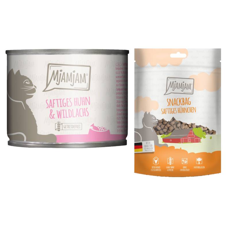 MjAMjAM Kombi-Paket: 12 x 200 g Nassfutter + 3 x 125 g Snackbag saftiges Hühnchen - saftiges Huhn und Wildlachs 12 x 200 g + Snackbag saftiges Hühnchen 3 x 125 g von MjAMjAM