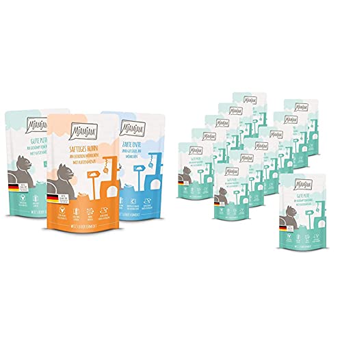 MjAMjAM MjAMjAM - Mixpaket IV, 12 x 125g, 1er Pack (1 x 1.5 kilograms) & Premium Nassfutter für Katzen - Quetschie - Gute Pute an gedämpftem Kürbis, 12er Pack (12 x 125 g), getreidefrei von MjAMjAM